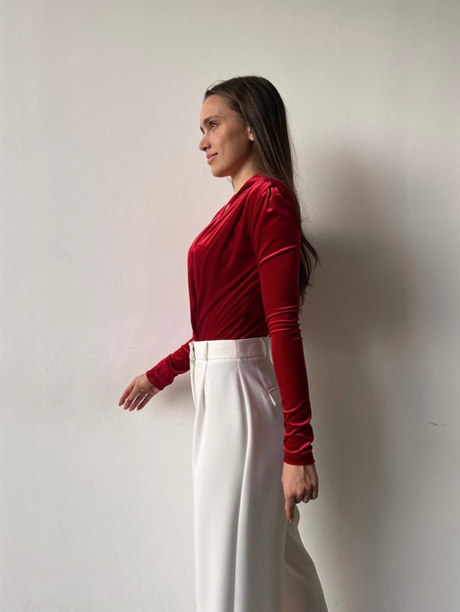Kruvaze Yaka Kadife Uzun Kollu Cems Kadın Kırmızı Bodysuit 23K000353