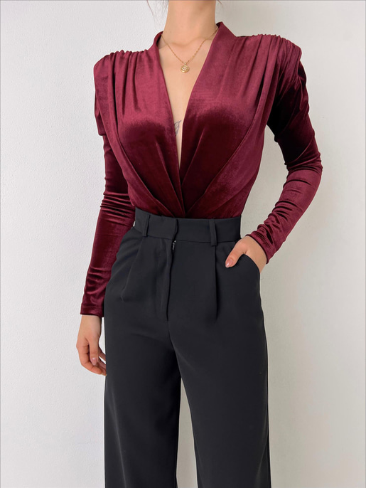 Kruvaze Yaka Kadife Uzun Kollu Cems Kadın Bordo Bodysuit 23K000353