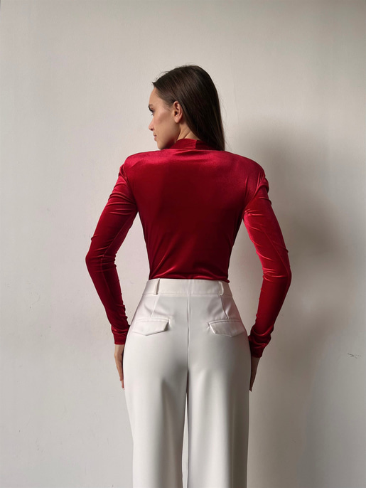 Kruvaze Yaka Kadife Uzun Kollu Cems Kadın Kırmızı Bodysuit 23K000353