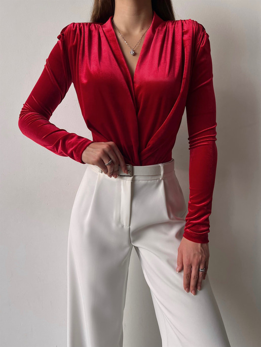 Kruvaze Yaka Kadife Uzun Kollu Cems Kadın Kırmızı Bodysuit 23K000353