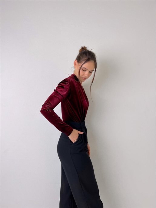 Kruvaze Yaka Kadife Uzun Kollu Cems Kadın Bordo Bodysuit 23K000353