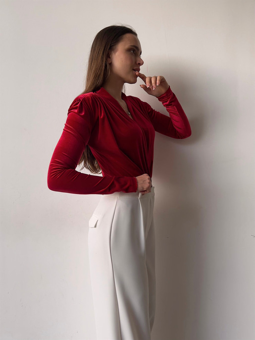 Kruvaze Yaka Kadife Uzun Kollu Cems Kadın Kırmızı Bodysuit 23K000353