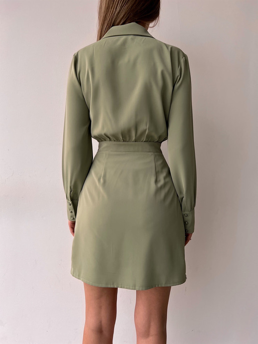 Kruvaze Yanları Zincir Detaylı Cadence Kadın Yeşil Gömlek Elbise 22Y000037