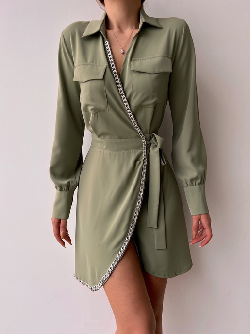 Kruvaze Yanları Zincir Detaylı Cadence Kadın Yeşil Gömlek Elbise 22Y000037
