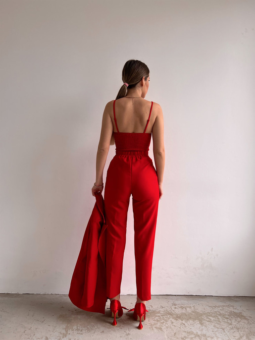 Kuplu Bluz Blazer Ceket & Pantolon Adelisa Kadın Kırmızı Üçlü Takım 22K000262