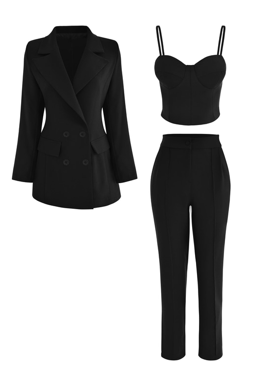 Kuplu Bluz Blazer Ceket & Pantolon Adelisa Kadın Siyah Üçlü Takım 22K000262