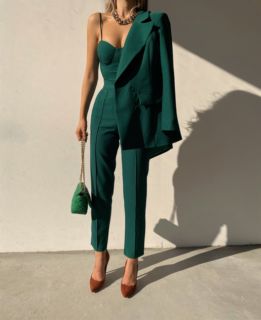 Kuplu Bluz Blazer Ceket & Pantolon Adelisa Kadın Zümrüt Üçlü Takım 22K000262