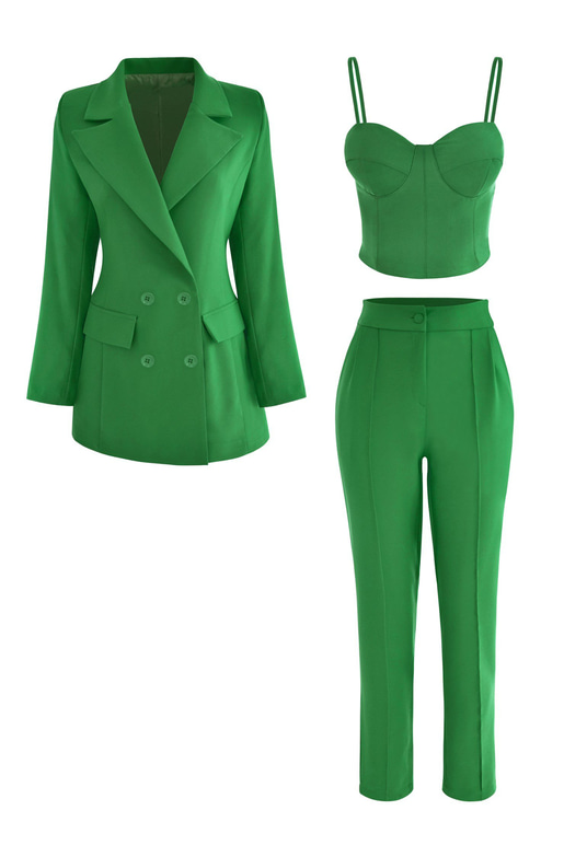 Kuplu Bluz Blazer Ceket & Pantolon Adelisa Kadın Yeşil Üçlü Takım 22K000262