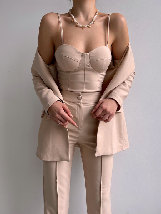 Kuplu Bluz Blazer Ceket & Pantolon Adelisa Kadın Bej Üçlü Takım 22K000262