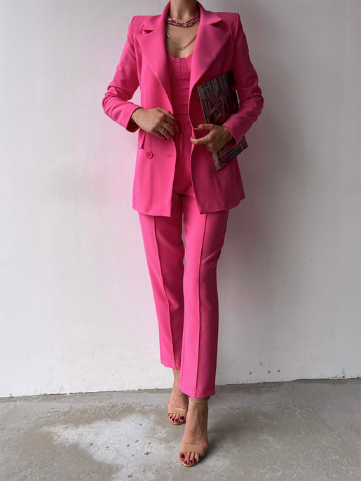 Kuplu Bluz Blazer Ceket & Pantolon Adelisa Kadın Fuşya Üçlü Takım 22K000262