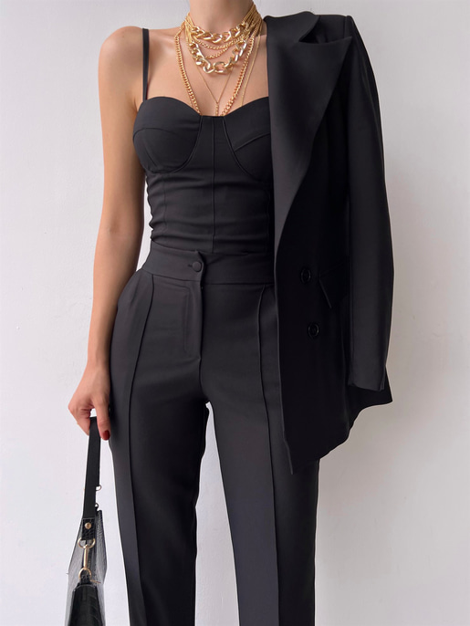 Kuplu Bluz Blazer Ceket & Pantolon Adelisa Kadın Siyah Üçlü Takım 22K000262