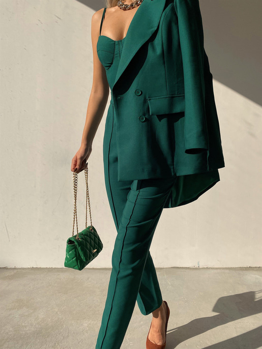 Kuplu Bluz Blazer Ceket & Pantolon Adelisa Kadın Zümrüt Üçlü Takım 22K000262