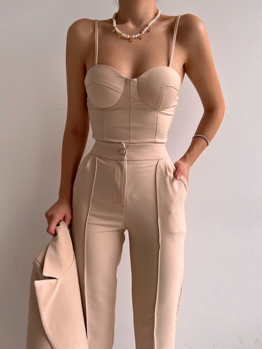 Kuplu Bluz Blazer Ceket & Pantolon Adelisa Kadın Bej Üçlü Takım 22K000262