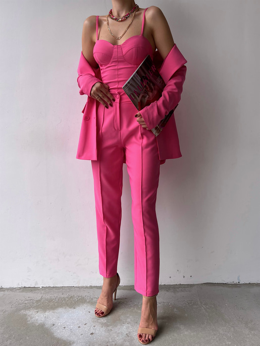 Kuplu Bluz Blazer Ceket & Pantolon Adelisa Kadın Fuşya Üçlü Takım 22K000262