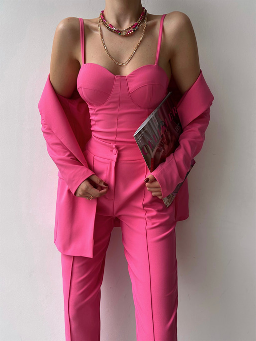 Kuplu Bluz Blazer Ceket & Pantolon Adelisa Kadın Fuşya Üçlü Takım 22K000262