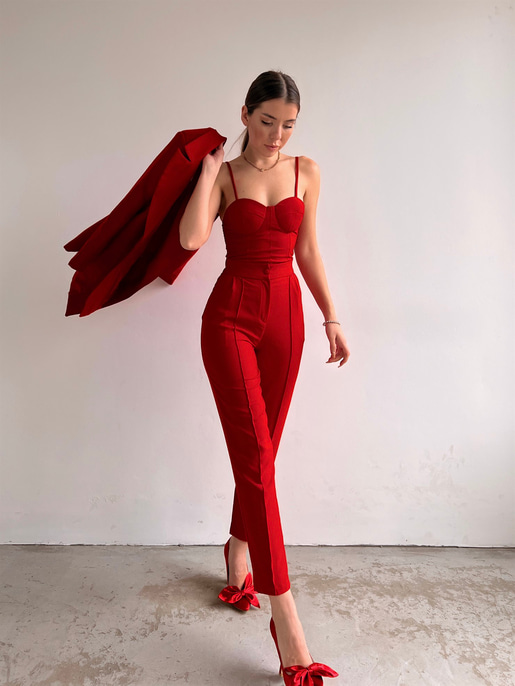 Kuplu Bluz Blazer Ceket & Pantolon Adelisa Kadın Kırmızı Üçlü Takım 22K000262