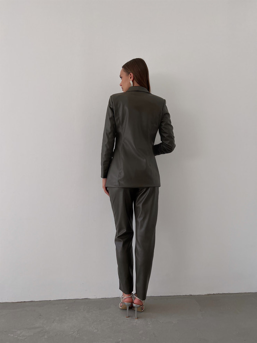 Kuplu Bluz Blazer Ceket Ve Pantolon Eline Kadın Haki Vegan Deri Üçlü Takım 23K000171