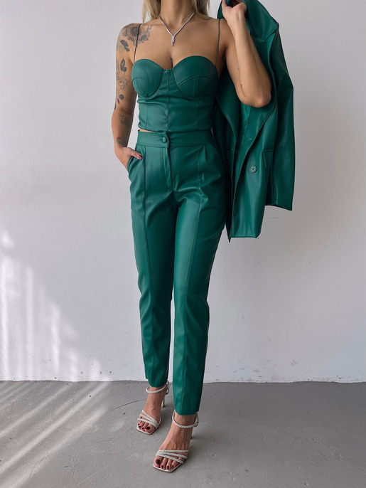 Kuplu Bluz Blazer Ceket Ve Pantolon Eline Kadın Yeşil Vegan Deri Üçlü Takım 23K000171