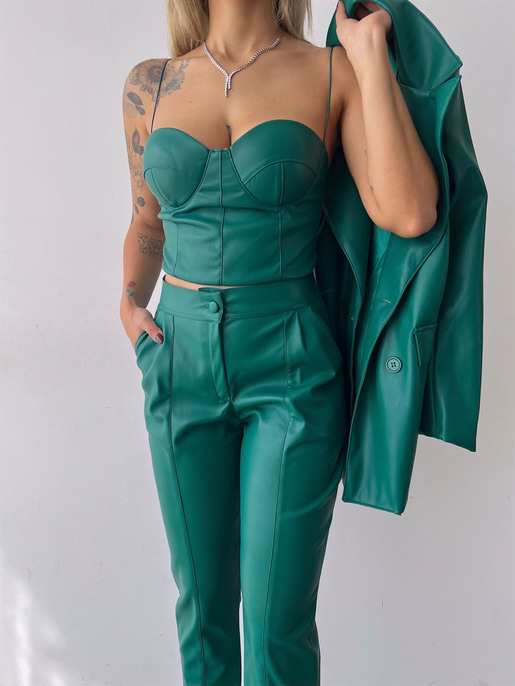 Kuplu Bluz Blazer Ceket Ve Pantolon Eline Kadın Yeşil Vegan Deri Üçlü Takım 23K000171