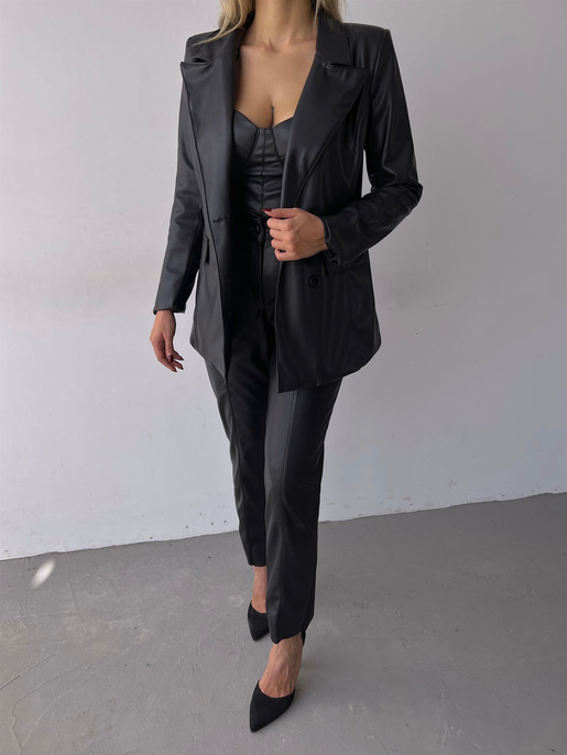 Kuplu Bluz Blazer Ceket Ve Pantolon Eline Kadın Siyah Vegan Deri Üçlü Takım 23K000171