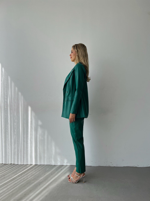 Kuplu Bluz Blazer Ceket Ve Pantolon Eline Kadın Yeşil Vegan Deri Üçlü Takım 23K000171