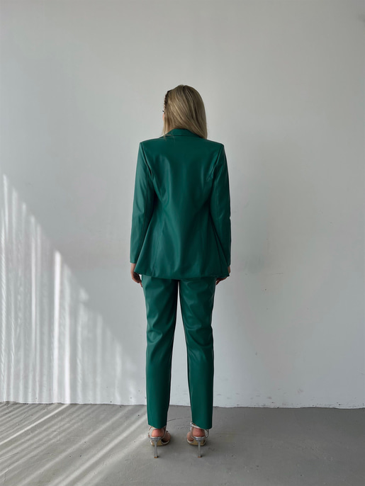 Kuplu Bluz Blazer Ceket Ve Pantolon Eline Kadın Yeşil Vegan Deri Üçlü Takım 23K000171