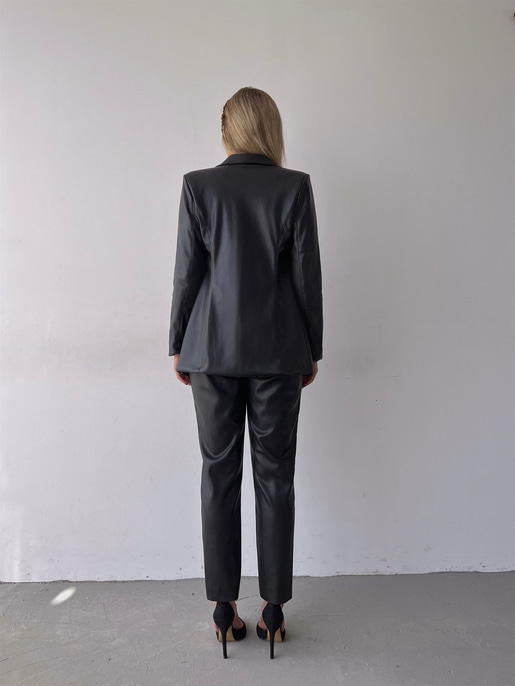 Kuplu Bluz Blazer Ceket Ve Pantolon Eline Kadın Siyah Vegan Deri Üçlü Takım 23K000171