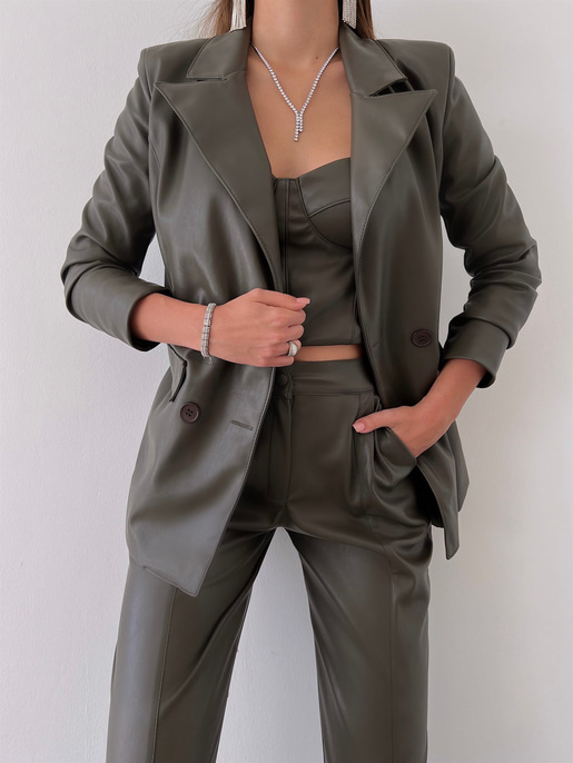 Kuplu Bluz Blazer Ceket Ve Pantolon Eline Kadın Haki Vegan Deri Üçlü Takım 23K000171