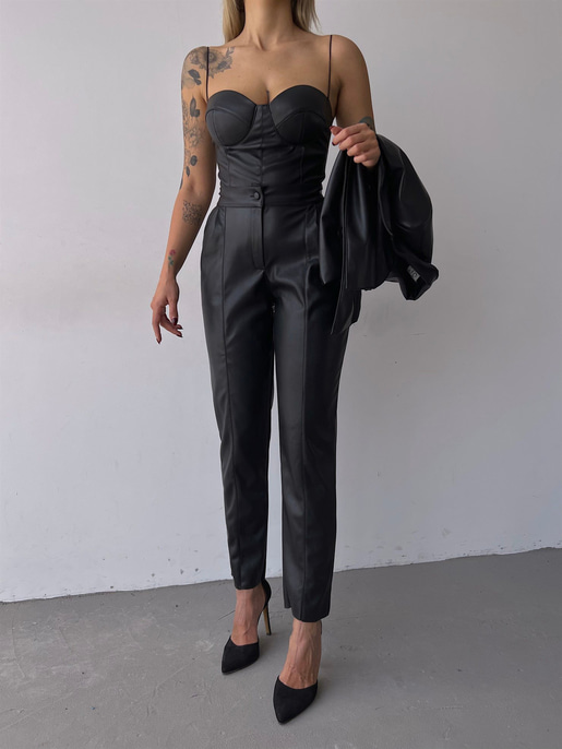 Kuplu Bluz Blazer Ceket Ve Pantolon Eline Kadın Siyah Vegan Deri Üçlü Takım 23K000171