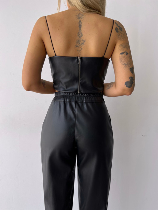 Kuplu Bluz Blazer Ceket Ve Pantolon Eline Kadın Siyah Vegan Deri Üçlü Takım 23K000171