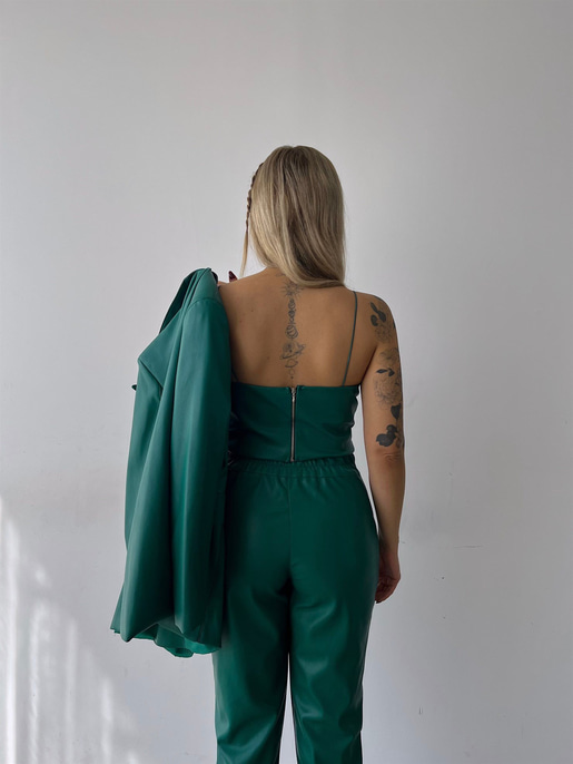 Kuplu Bluz Blazer Ceket Ve Pantolon Eline Kadın Yeşil Vegan Deri Üçlü Takım 23K000171