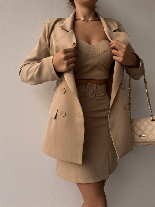 Kuplu Crop Blazer Ceket Etek Üçlü Benita Kadın Vizon Takım 22K000197