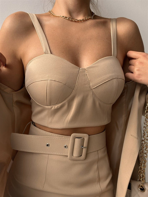 Kuplu Crop Blazer Ceket Etek Üçlü Benita Kadın Vizon Takım 22K000197