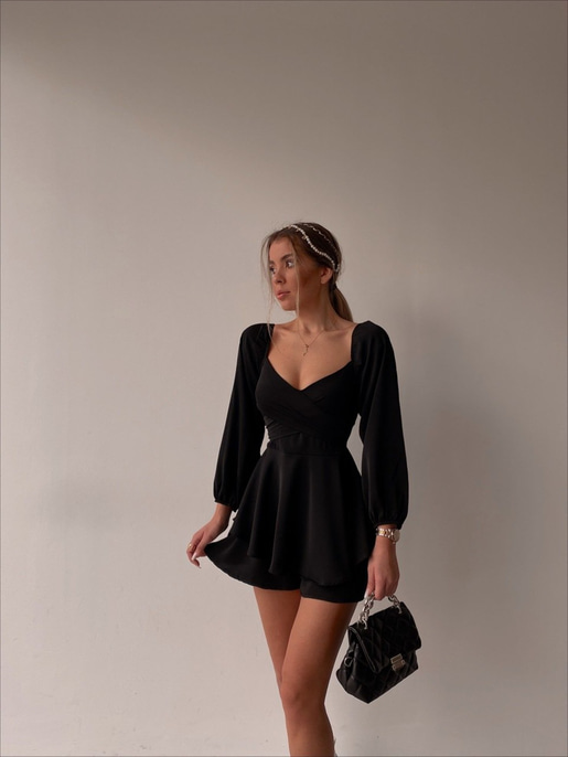 Kuruvaze Eteği Volanlı Riley Kadın Siyah Tulum 22K000372