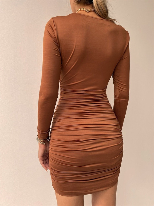 Likralı Kalp Yaka Drape Eloi Drape Kadın Kahverengi Elbise 21Y000564