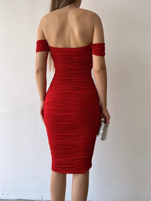 Midi Açık Omuz Büzgülü Trevor Kadın Kırmızı Kalem Elbise 22Y000282