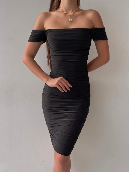 Midi Açık Omuz Büzgülü Trevor Kadın Siyah Kalem Elbise 22Y000282