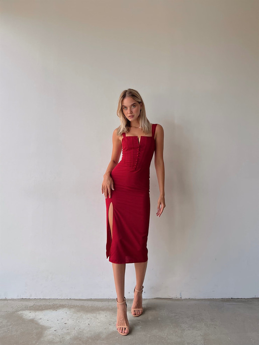 Midi Boy Askılı Yandan Yırtmaçlı Korse Rula Kadın Kırmızı Elbise 22Y000396