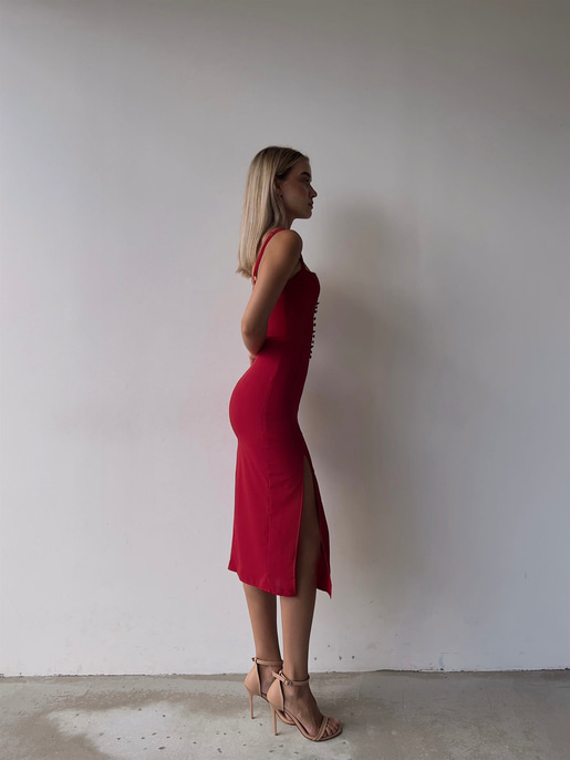 Midi Boy Askılı Yandan Yırtmaçlı Korse Rula Kadın Kırmızı Elbise 22Y000396