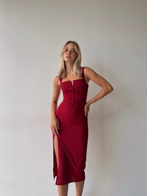 Midi Boy Askılı Yandan Yırtmaçlı Korse Rula Kadın Kırmızı Elbise 22Y000396