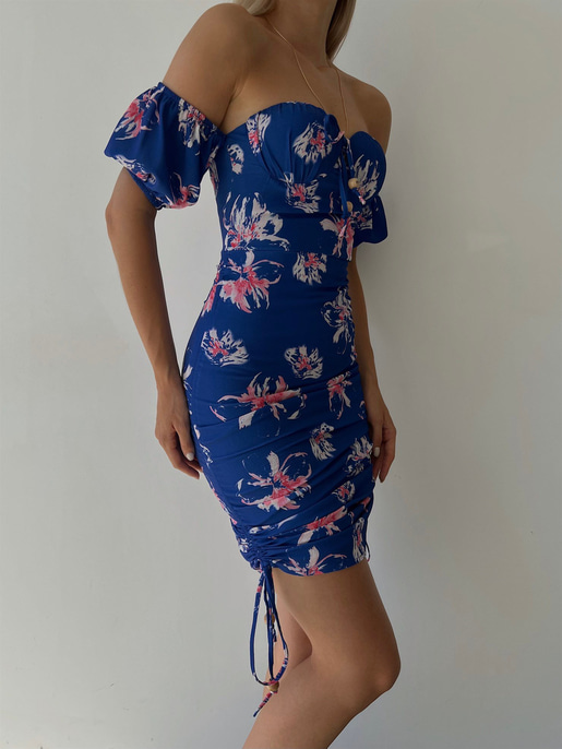 Midi Boy Çiçekli Göğüs Kuplu Boyu Ayarlanabilir Bağcıklı Kaley Kadın Saks Elbise 22Y000298