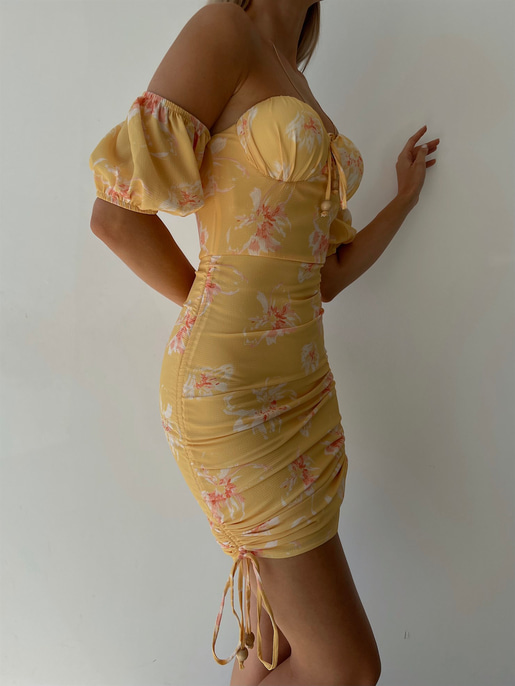 Midi Boy Çiçekli Göğüs Kuplu Boyu Ayarlanabilir Bağcıklı Kaley Kadın Sarı Elbise 22Y000298