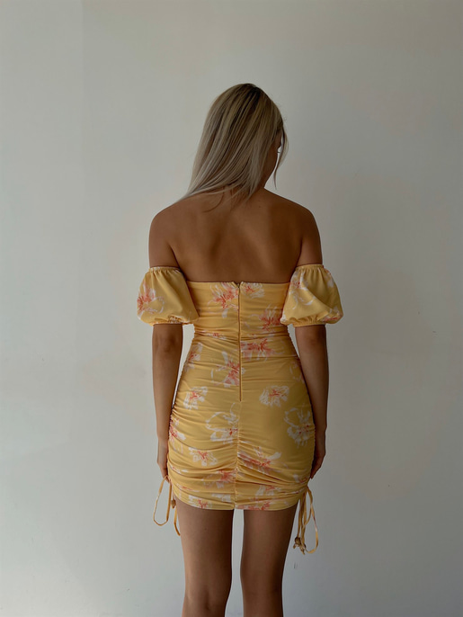 Midi Boy Çiçekli Göğüs Kuplu Boyu Ayarlanabilir Bağcıklı Kaley Kadın Sarı Elbise 22Y000298