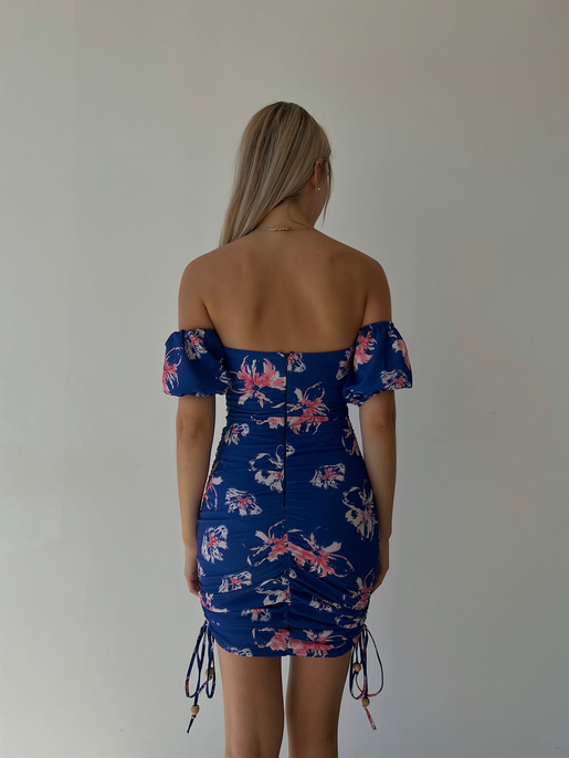 Midi Boy Çiçekli Göğüs Kuplu Boyu Ayarlanabilir Bağcıklı Kaley Kadın Saks Elbise 22Y000298