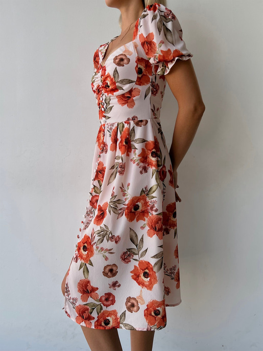 Midi Boy Desenli Boydan Düğme Detaylı Aralia Kadın Pudra Elbise 22Y000400