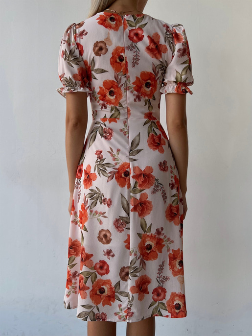 Midi Boy Desenli Boydan Düğme Detaylı Aralia Kadın Pudra Elbise 22Y000400