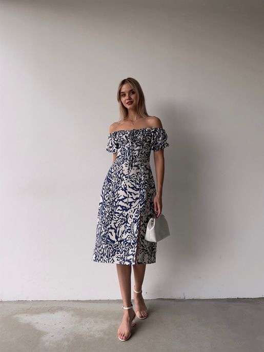 Midi Boy Desenli Lastikli Yaka Yırtmaçlı Novus Kadın Mavi Elbise 22Y000375