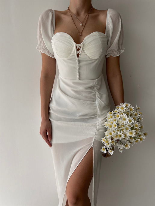 Midi Boy Drapeli Göğüs Kuplu Yırtmaçlı Maggie Kadın Beyaz Elbise 22Y000247