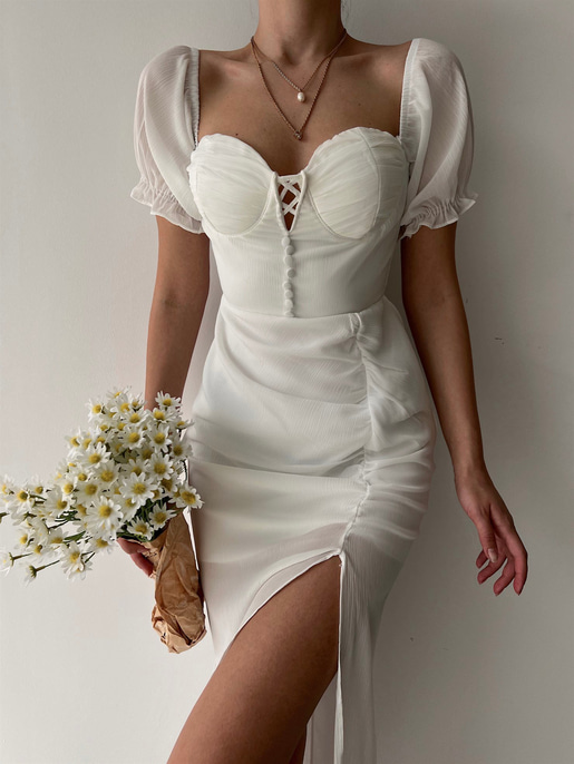 Midi Boy Drapeli Göğüs Kuplu Yırtmaçlı Maggie Kadın Beyaz Elbise 22Y000247