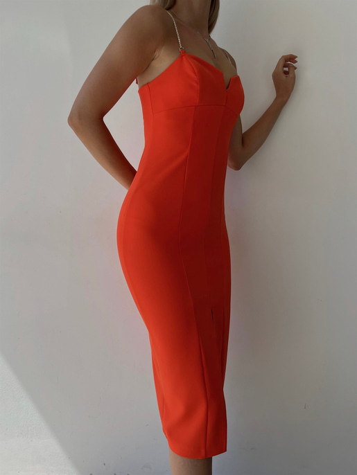 Midi Boy Likralı İnce Taş Askılı Yırtmaçlı Manlio Kadın Oranj Elbise 22Y000466